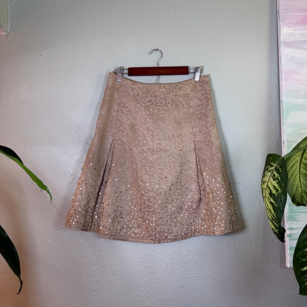 Ann Taylor Silk Metallic Gold Brocade Sequined A Line Artsy Bohemian Skirt 8